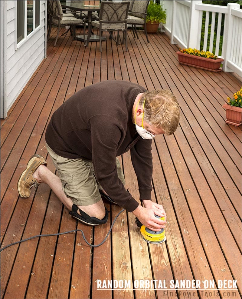 Random orbital sander on cedar deck